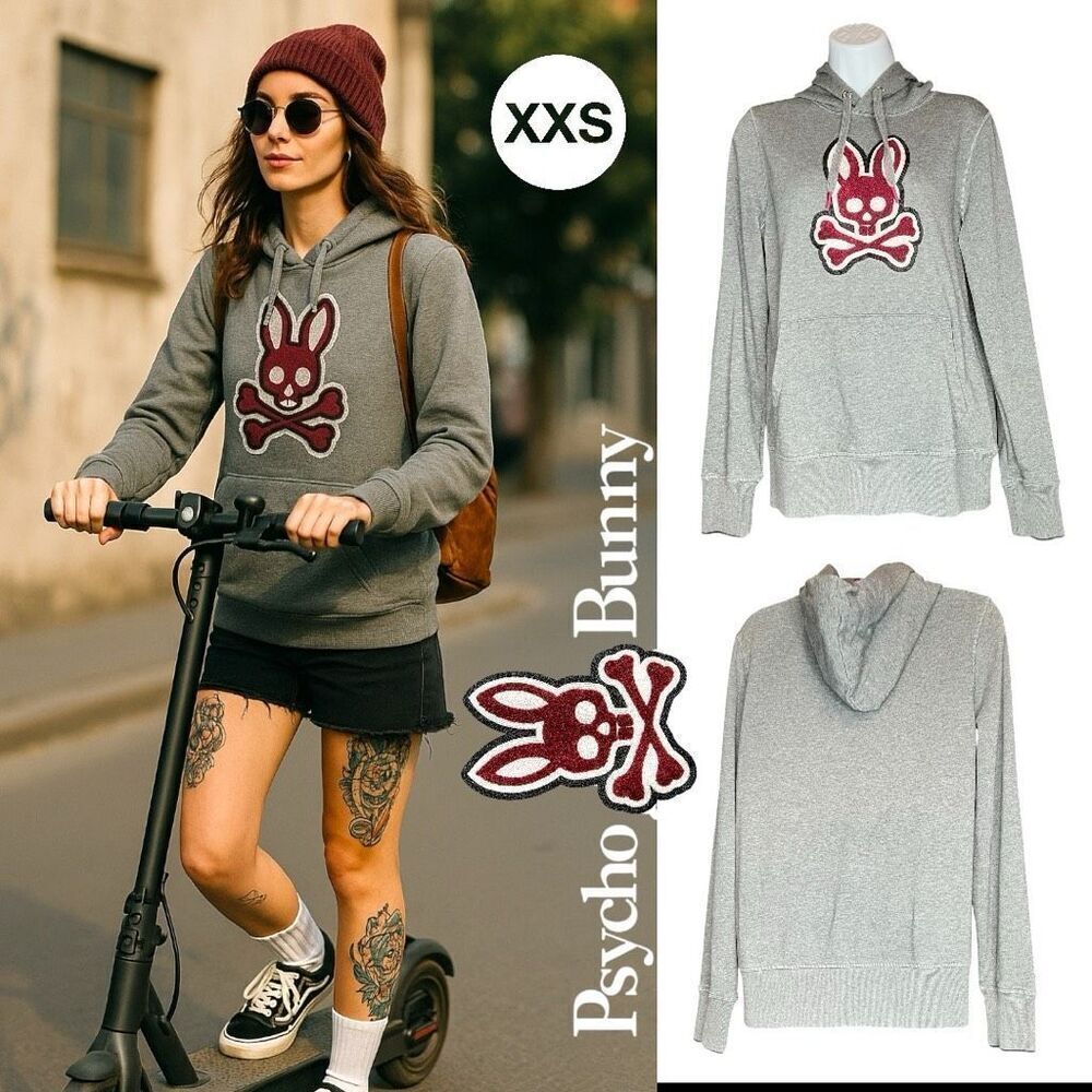 Psycho Bunny Women's Patchin Chenille Bunny Logo Pullover Hoodie Gray Red Sz XXS